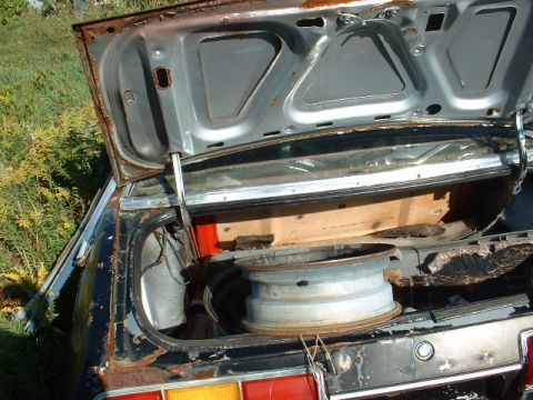 1978 Ford Mustang II - The trunk of a neglected vehicle, showing signs of rust and decay, contains a spare wheel.