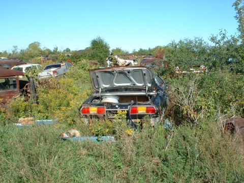 1978 Ford Mustang II - This car sits abandoned in a junkyard, overgrown with weeds and surrounded by other decaying vehicles.
