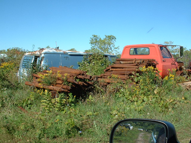 Abandoned blue van and orange truck in a grassy field with logs piled on the truck bed