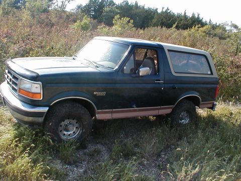 1994 Ford Bronco - A dark green 1994 Ford Bronco with a tan top sits in a grassy field.