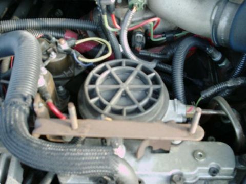 2002 Ford F-250 - A close-up view of various hoses and a circular component within a vehicle's engine compartment.