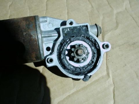 1988 Ford Bronco - This is a close-up view of a window motor's gear assembly, showing the internal components and lubricant.