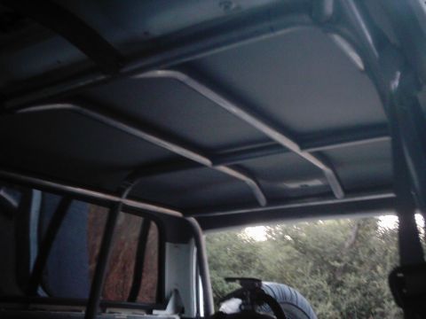 1978 Ford Bronco - The interior of a vehicle shows a roll cage structure and headliner, with a glimpse of the outdoors through the window.