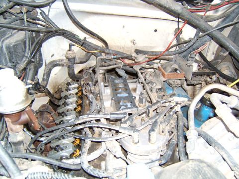 1988 Ford Bronco - Close-up view of an engine bay, showing various mechanical components and wiring.