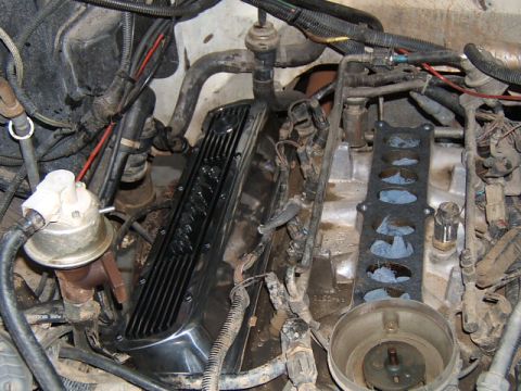 1988 Ford Bronco - Close-up view of an engine bay a shiny black valve cover and various hoses and wires.