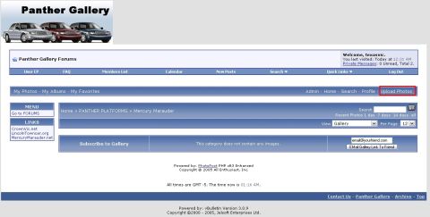 2000 Ford Crown Victoria - Screenshot of the Panther Gallery website, showing forum navigation and header images of cars.