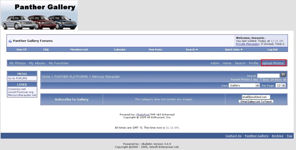 Screenshot of Panther Gallery website with three cars in the header image