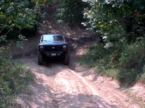 1986 Ford Bronco - Ford Bronco navigates a challenging off-road trail surrounded by dense foliage.