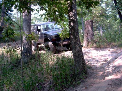 1986 Ford Bronco - A dark SUV navigates a wooded trail with its tires angled on uneven terrain.