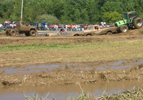 1979 Ford F-150 - Several trucks are stuck in a muddy field during an event, with a tractor assisting.