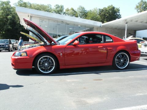 2001 Mercury Grand Marquis - A red Ford Mustang is parked with its hood open, alongside other vehicles at an outdoor event.
