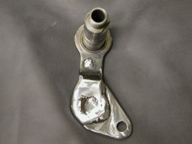 AOD shift lever modified to work with 67  Ranchero column shift. Pivot point changed from 2.5" to 3.0" and moved forward (clockwise) about 15 degrees.
