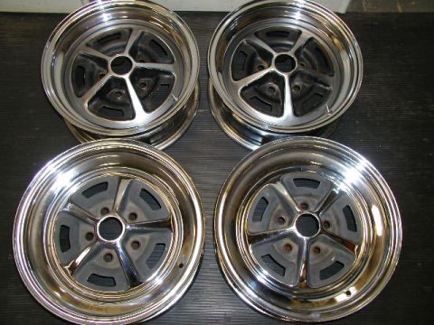 1967 Ford Ranchero - 14"x6" Fronts and 15"x6" Rears waiting to have tires mounted and balanced. Anybody out there have another pair of 15"X6" chrome Magnum 500s…
