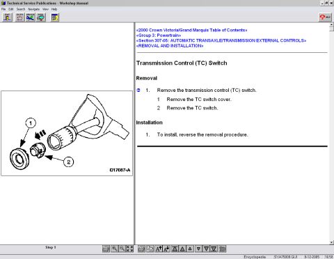 2000 Ford Crown Victoria - Technical service publication displays a diagram for the removal and installation of a transmission control switch.