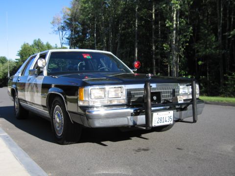 1991 Ford LTD Crown Victoria - black-and-white Ford sedan outfitted as a police cruiser with a front push bumper and red roof beacon sits on a wooded roadway.