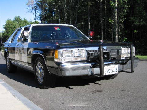 1991 Ford LTD Crown Victoria - Front three-quarter view of a black Ford sedan with a chrome grille, brush-guard push bumper, and red dash beacon on a tree-lined road.