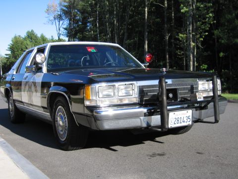 1991 Ford LTD Crown Victoria - black-and-white police-replica sedan with a front push bumper and red beacon photographed at an angle on a quiet wooded road.