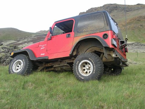 2001 Jeep Wrangler - This red Jeep Wrangler is shown in a 3/4 front view, parked on a grassy incline with a mountainous backdrop.