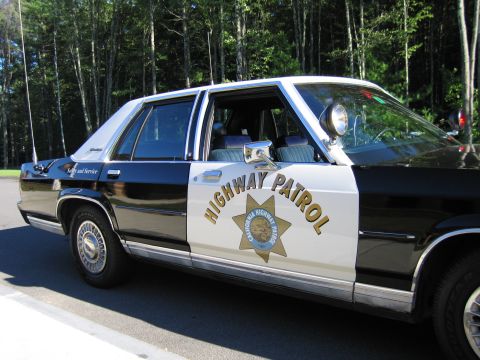 1991 Ford LTD Crown Victoria - Close side view of a black-and-white sedan door lettered HIGHWAY PATROL with a gold California Highway Patrol star emblem.