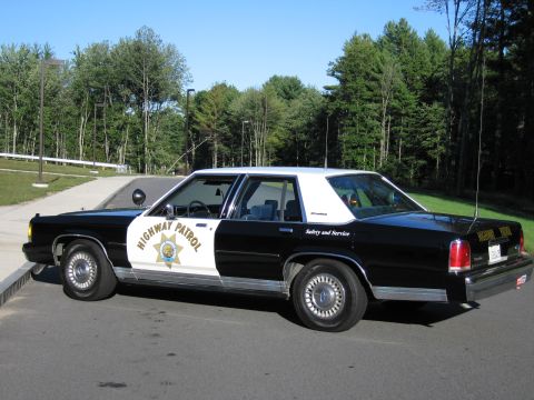 1991 Ford LTD Crown Victoria - Driver-side profile of a black-and-white Highway Patrol police sedan with gold star door emblem, parked in a lot bordered by trees.