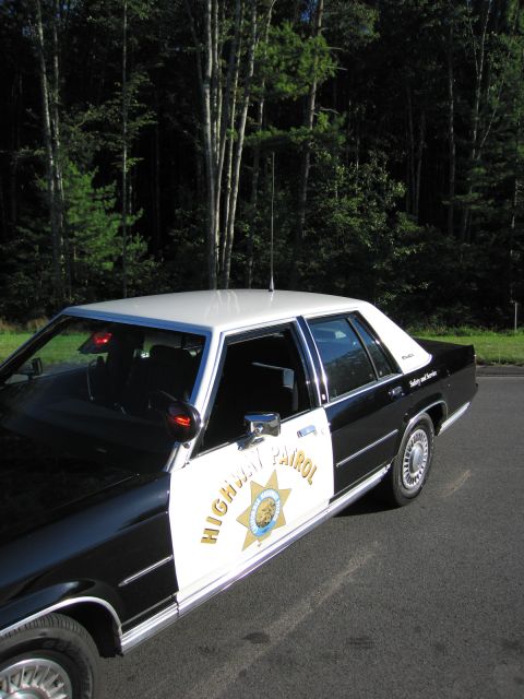 1991 Ford LTD Crown Victoria - Elevated rear-quarter view of a black-and-white Ford patrol sedan showing the white roof, door star emblem and HIGHWAY PATROL lettering.