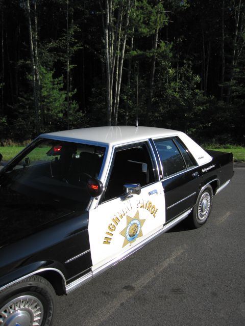 1991 Ford LTD Crown Victoria - Elevated side view of a black-and-white Ford patrol sedan with white roof, HIGHWAY PATROL door lettering and a gold star emblem.