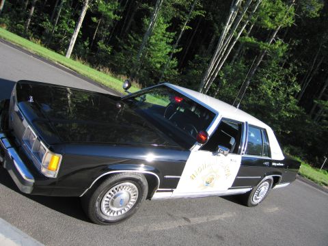 1991 Ford LTD Crown Victoria - Elevated front-quarter view of a black-and-white Ford patrol sedan showing the hood, white roof, roof lights and door star emblem.
