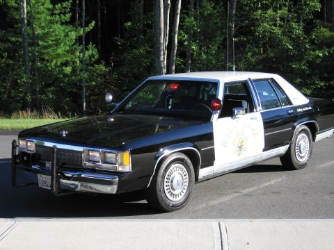 1991 Ford LTD Crown Victoria - Side-front view of a black-and-white California Highway Patrol Ford sedan with door star emblem, parked beside a wooded road.