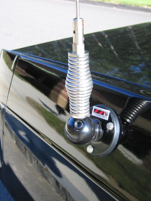 1991 Ford LTD Crown Victoria - Chrome spring-base whip antenna fitted to the glossy black body panel of a car, with road visible in the background.