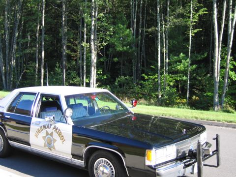 1991 Ford LTD Crown Victoria - black-and-white Highway Patrol police sedan with roof beacon parked along a paved roadside against a backdrop of green woods.