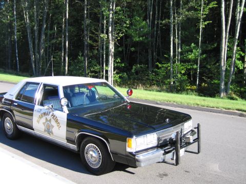 1991 Ford LTD Crown Victoria - black-and-white Highway Patrol police sedan with brush guard and roof beacon parked along a paved shoulder in front of dense woods.