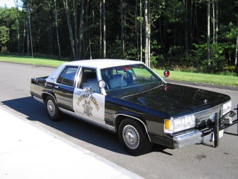1991 Ford LTD Crown Victoria - Front three-quarter view of a black-and-white Highway Patrol police sedan with antennas and brush guard, parked beside a green forest.