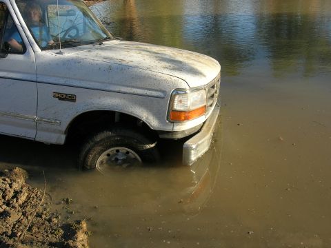 1994 Ford Bronco - A white 1994 Ford Bronco is partially submerged in muddy water, with the 'BRONCO' badge clearly visible on the fender.