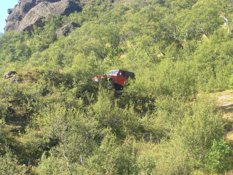 2001 Jeep Wrangler - A red 2001 Jeep TJ navigates a steep, vegetated incline.