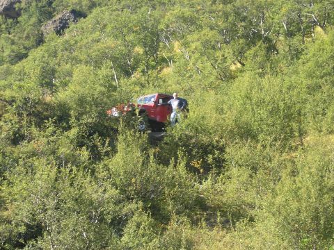 2001 Jeep Wrangler - A red 2001 Jeep TJ is parked on a steep, overgrown hill with a person standing next to it.