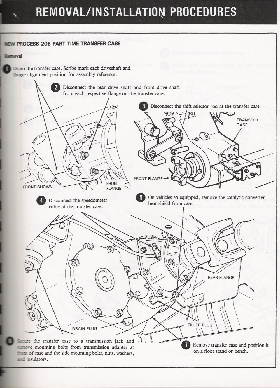 Service manual page for New Process 205 transfer case removal