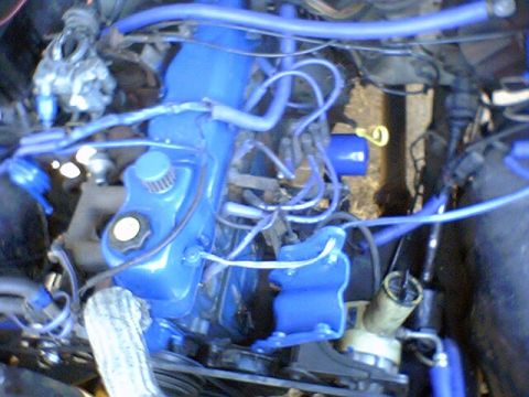 1986 Ford Bronco - Tight engine bay shot of a V-configuration engine painted Ford blue, showing the valve cover, upper intake, coolant hoses and a distributor…