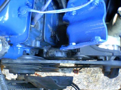 1986 Ford Bronco - The engine bay features several components painted a vibrant blue, with belts and pulleys in view.