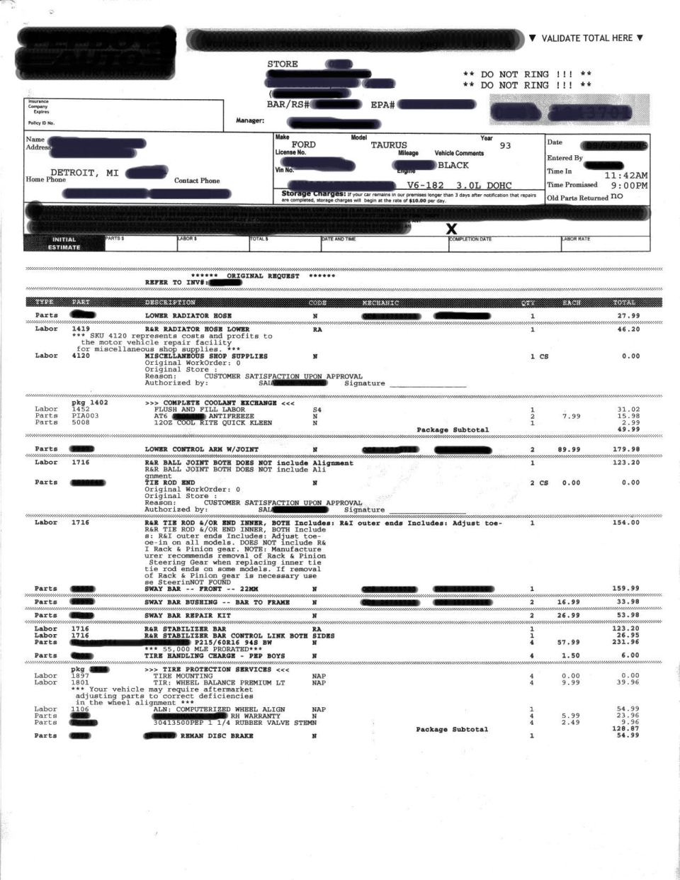 Service document for 1993 Ford Taurus