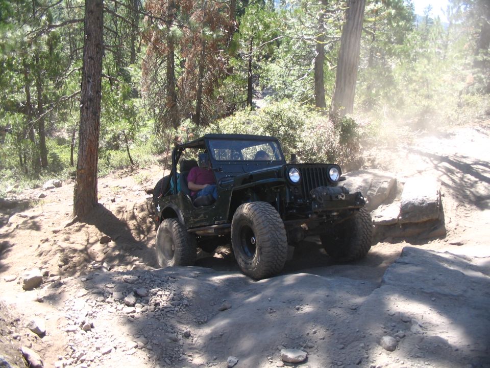 Dark flatfender Jeep CJ flexing over rocks on a wooded trail