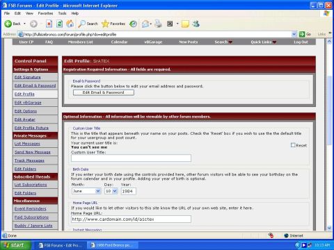 1988 Ford Bronco - User profile editing page on FSB Forums shows fields for personal information and account settings.