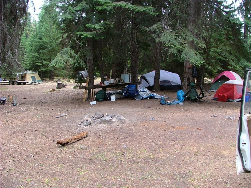 Forest base camp with fire ring, dome tents, gear and a utility trailer among conifers