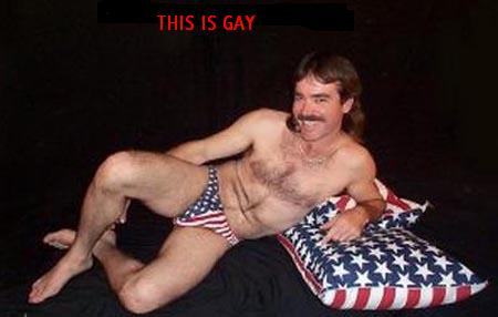 1991 Ford Bronco - Man in American flag underwear reclines on a pillow with American flag pattern.