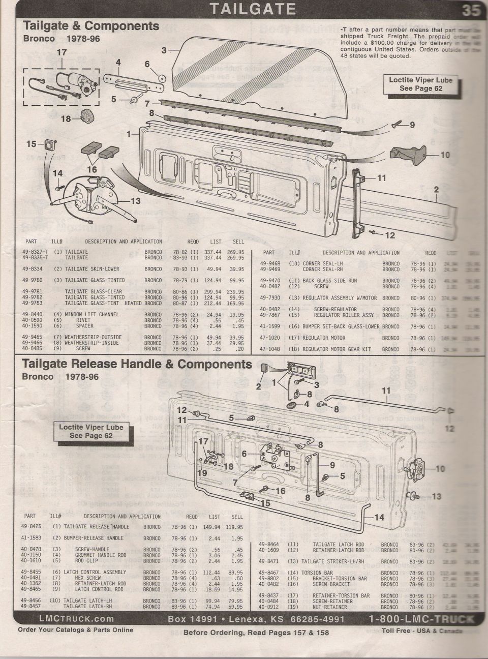 Ford Bronco 1978-96 tailgate and release-handle parts diagram with part-number tables