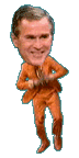 1993 Ford Bronco - A caricature depicts a man with an exaggerated head, dressed in a vibrant orange suit and brown boots.