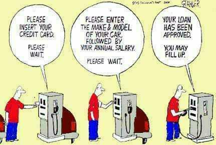 1972 Ford Ranchero - Cartoon humorously depicts the high cost of gas and the loan approval process for filling up.