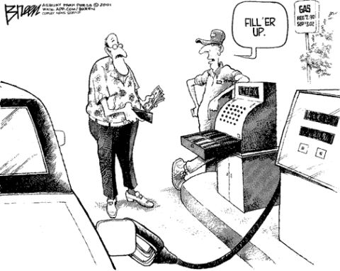 1972 Ford Ranchero - A cartoon depicts a customer paying for gas as prices are displayed on a sign.