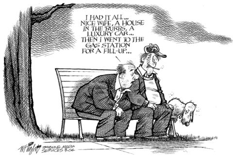 1972 Ford Ranchero - A humorous cartoon depicts two men and a dog contemplating life's luxuries and the cost of gas.