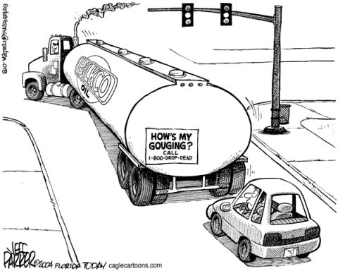 1972 Ford Ranchero - A cartoon depicts a tanker truck with a provocative message, alongside a small car, highlighting concerns about fuel prices.