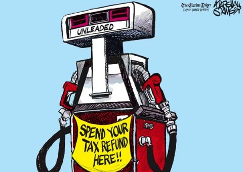 1972 Ford Ranchero - Political cartoon depicting a gas pump with a message about tax refunds.